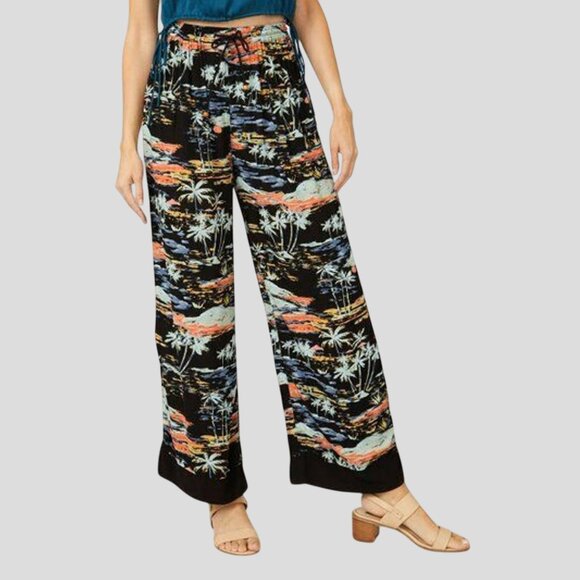 Free People Blue Lagoon Palazzo Tropical Print Wide-Leg Rayon Lounge Pants - Picture 2 of 14